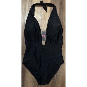 NWT Black Retro Backless One Piece Swimsuit Deep V-Neck Women's Size M Shekini